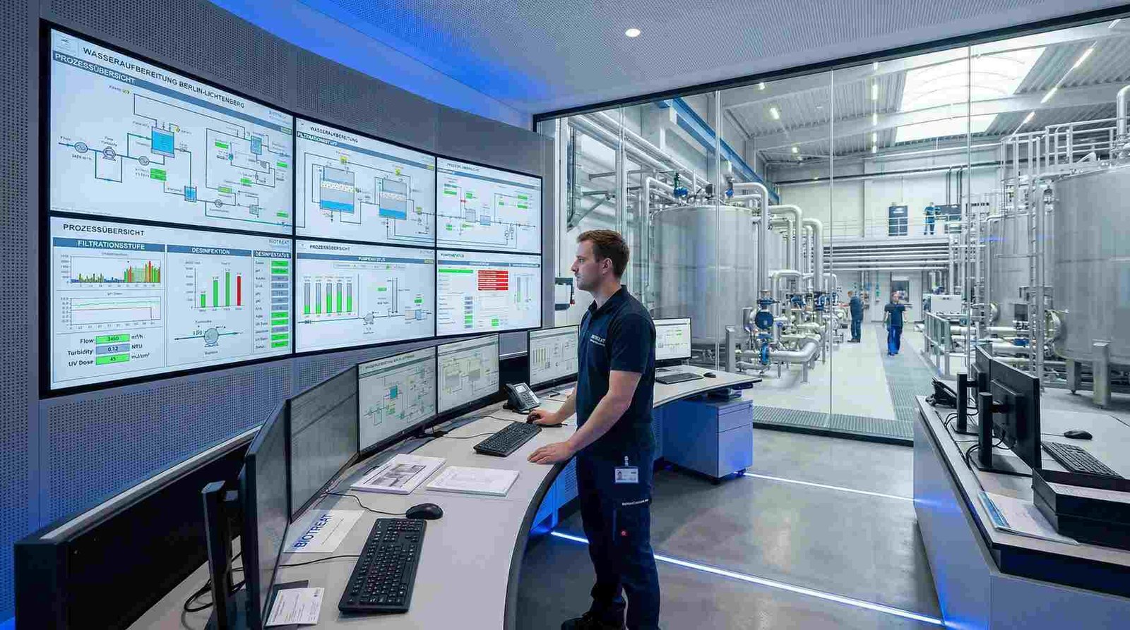 Industrial water treatment control room with SCADA monitoring