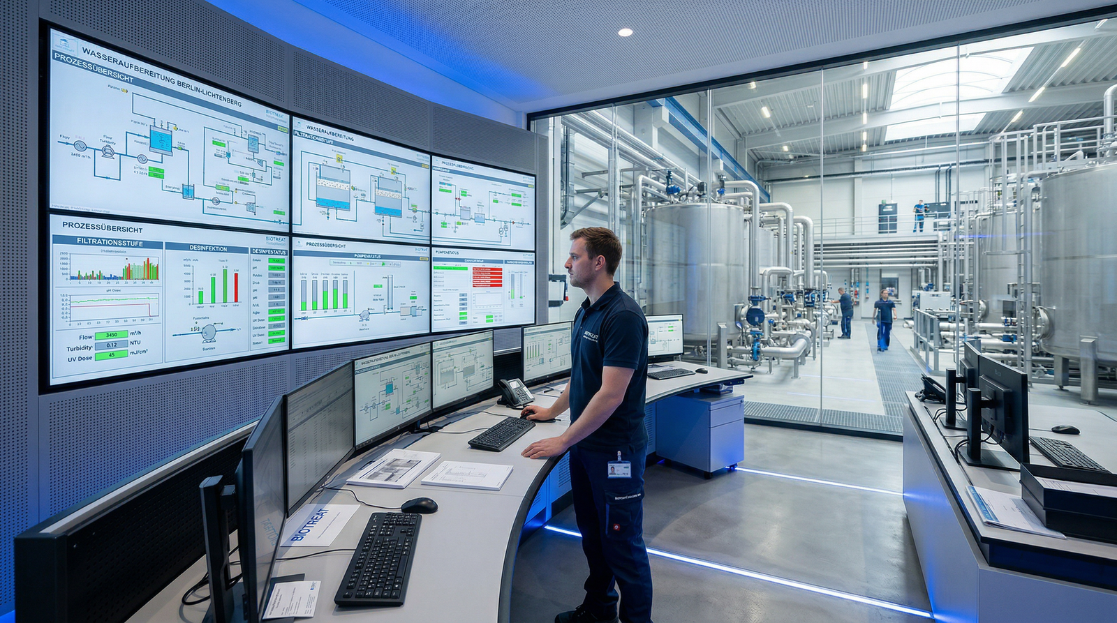 Industrial water treatment control room with SCADA monitoring, Frankfurt Germany