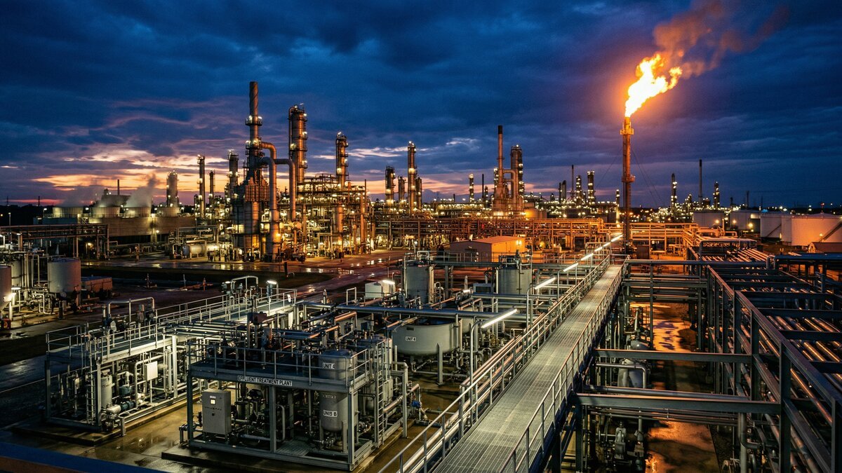 Chemical and petrochemical industrial plant with pipework, reactors and process water systems