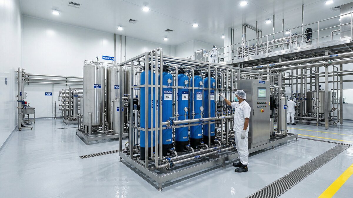 Food and beverage processing facility with industrial water systems and stainless steel equipment