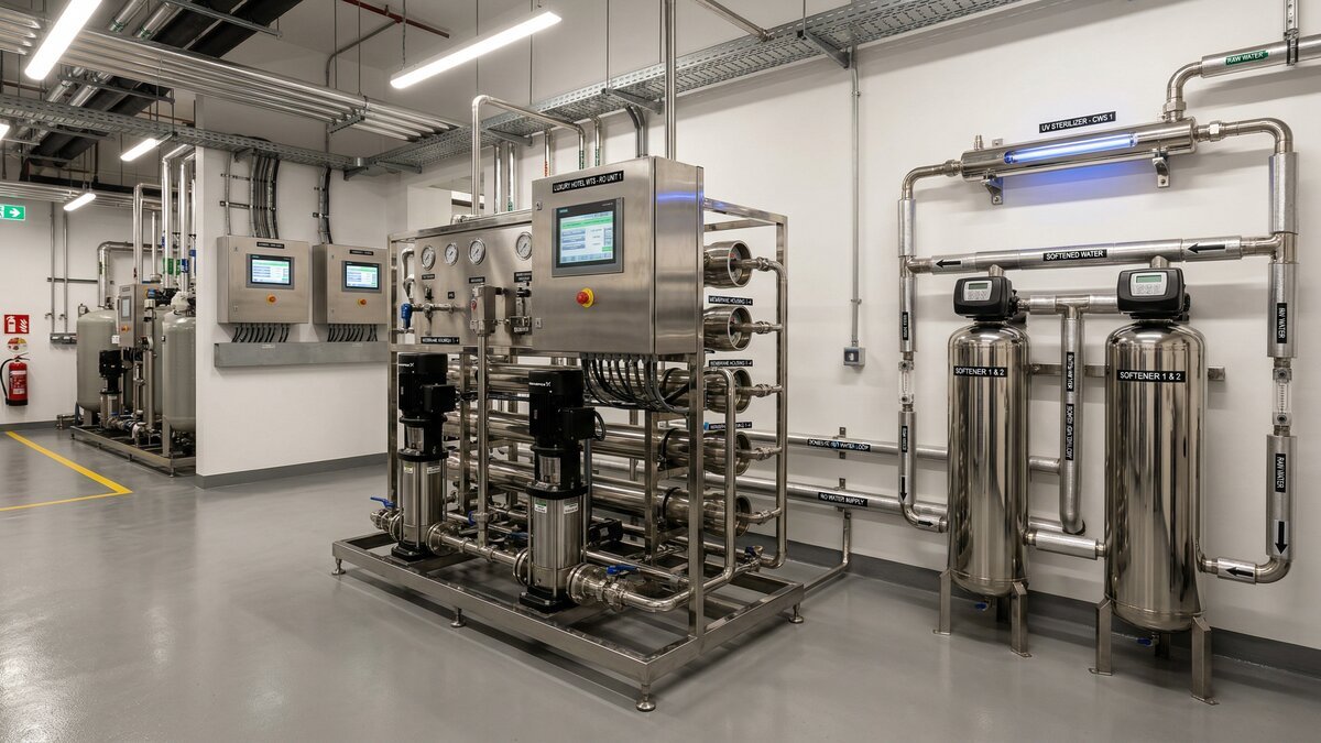 Luxury hotel resort with clean water systems pool treatment and water recycling infrastructure