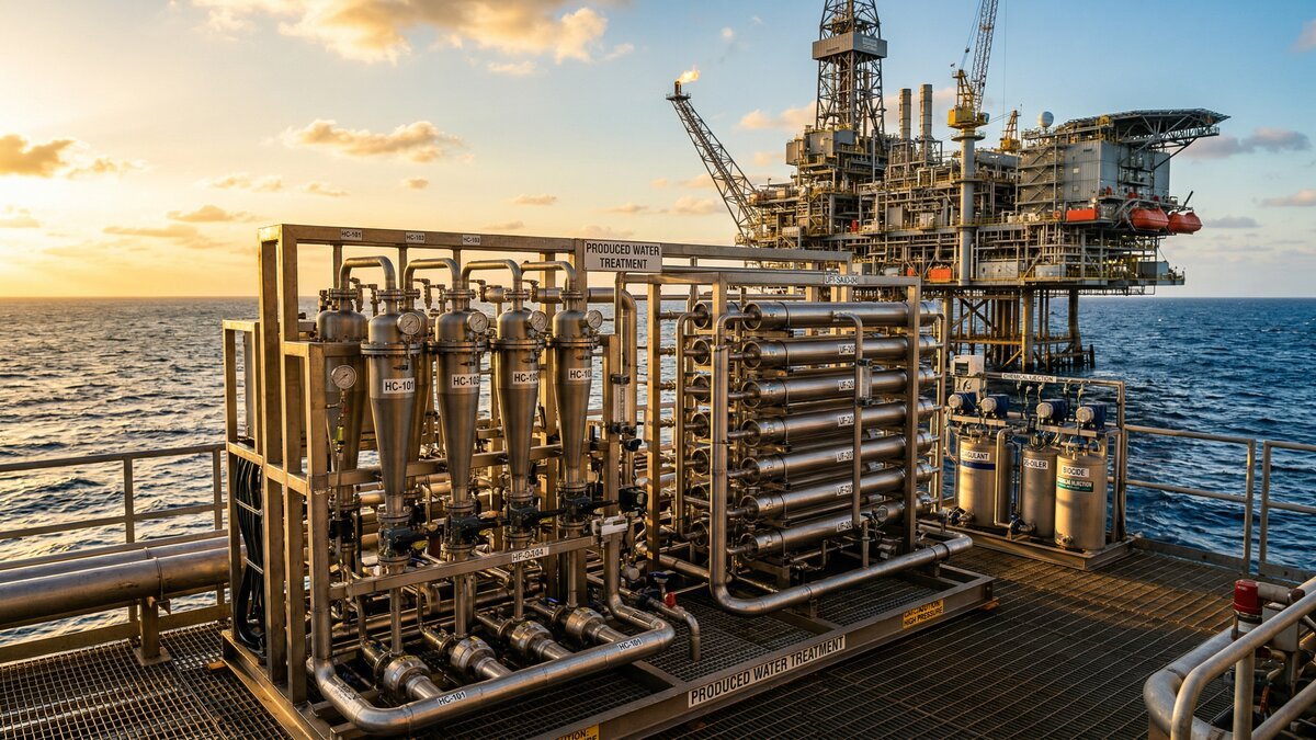 Oil and gas industrial facility with produced water treatment and injection systems