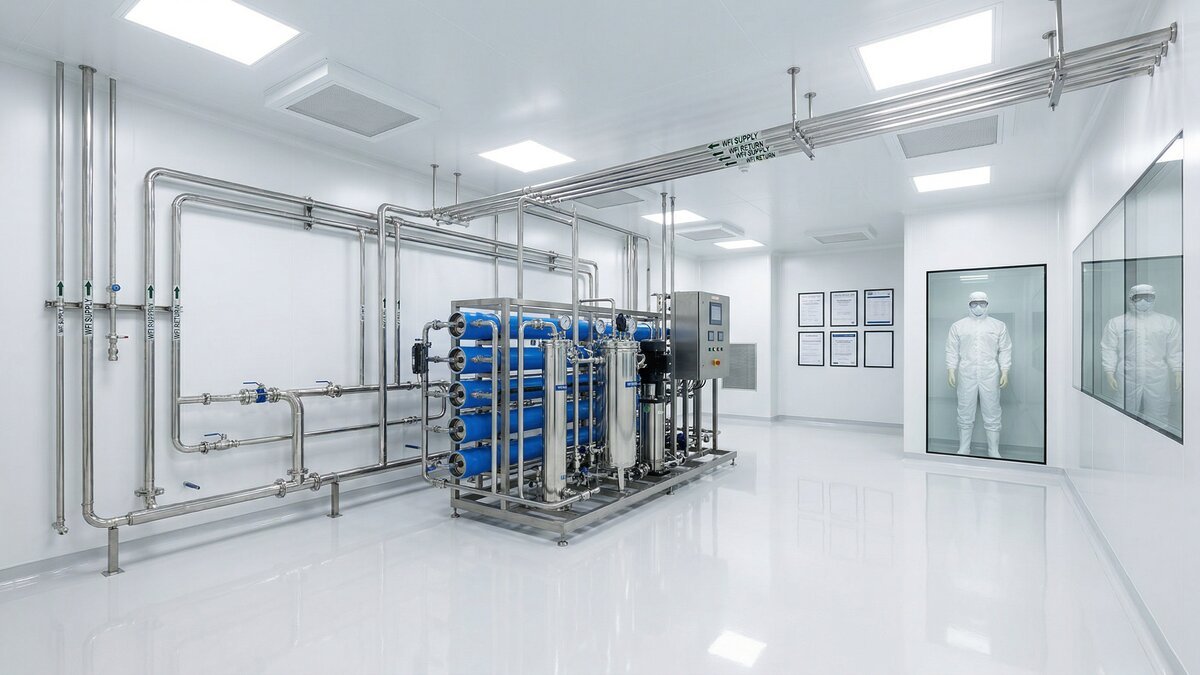 GMP pharmaceutical manufacturing cleanroom with purified water systems and stainless steel distribution