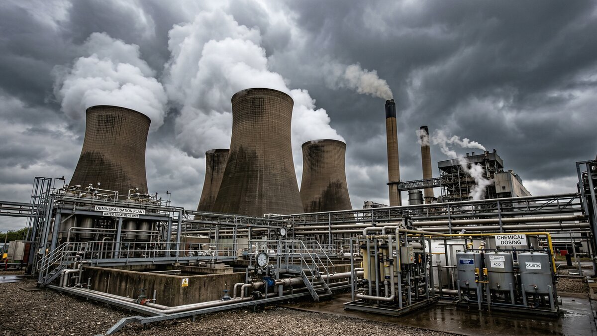Power generation plant with cooling towers and water treatment infrastructure